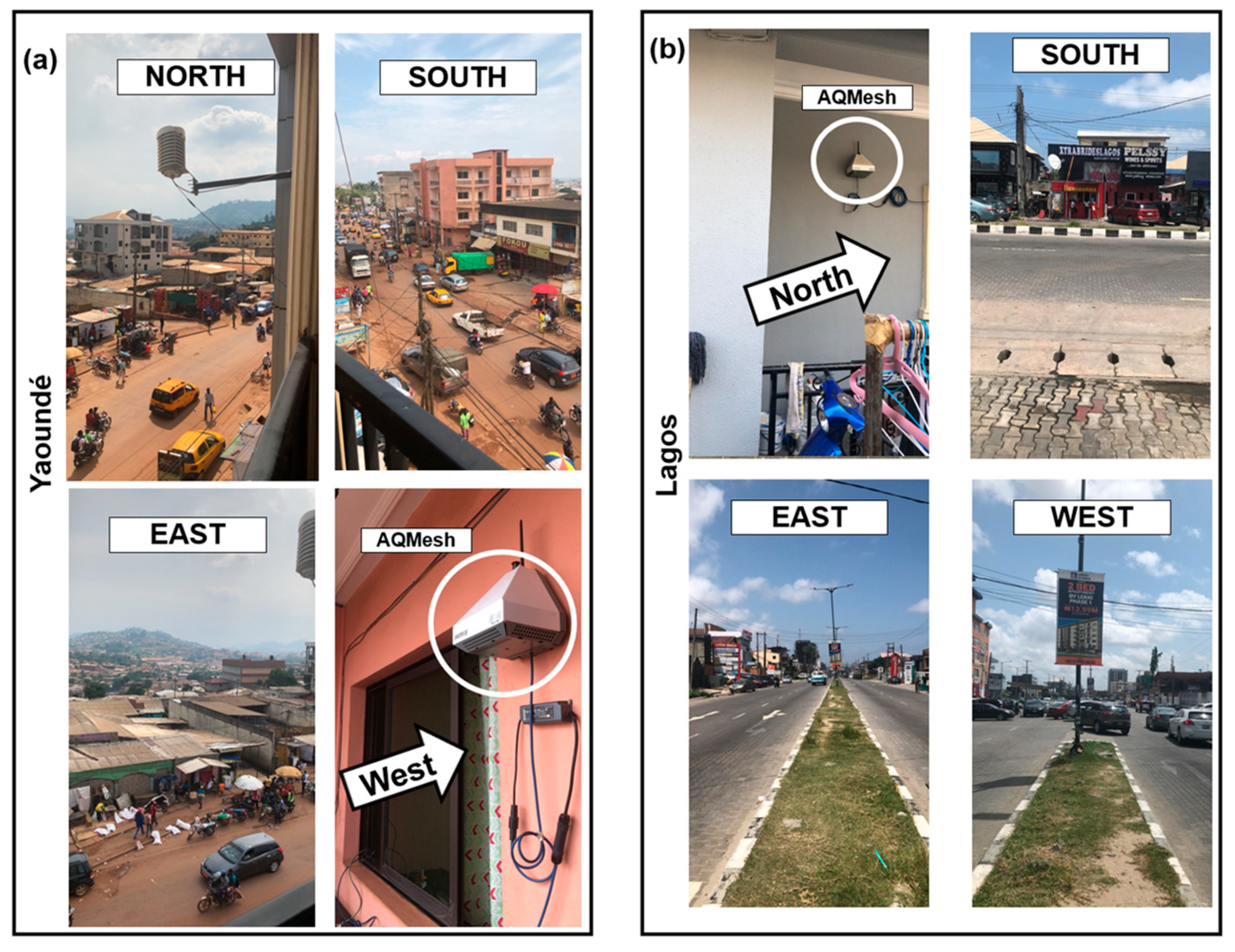 Images of study locations and the installed low-cost air quality sensor devices. (a) Melen Mini-Ferme area, Yaoundé, Cameroon and (b) Admiralty Way, VI, Lagos, Nigeria.